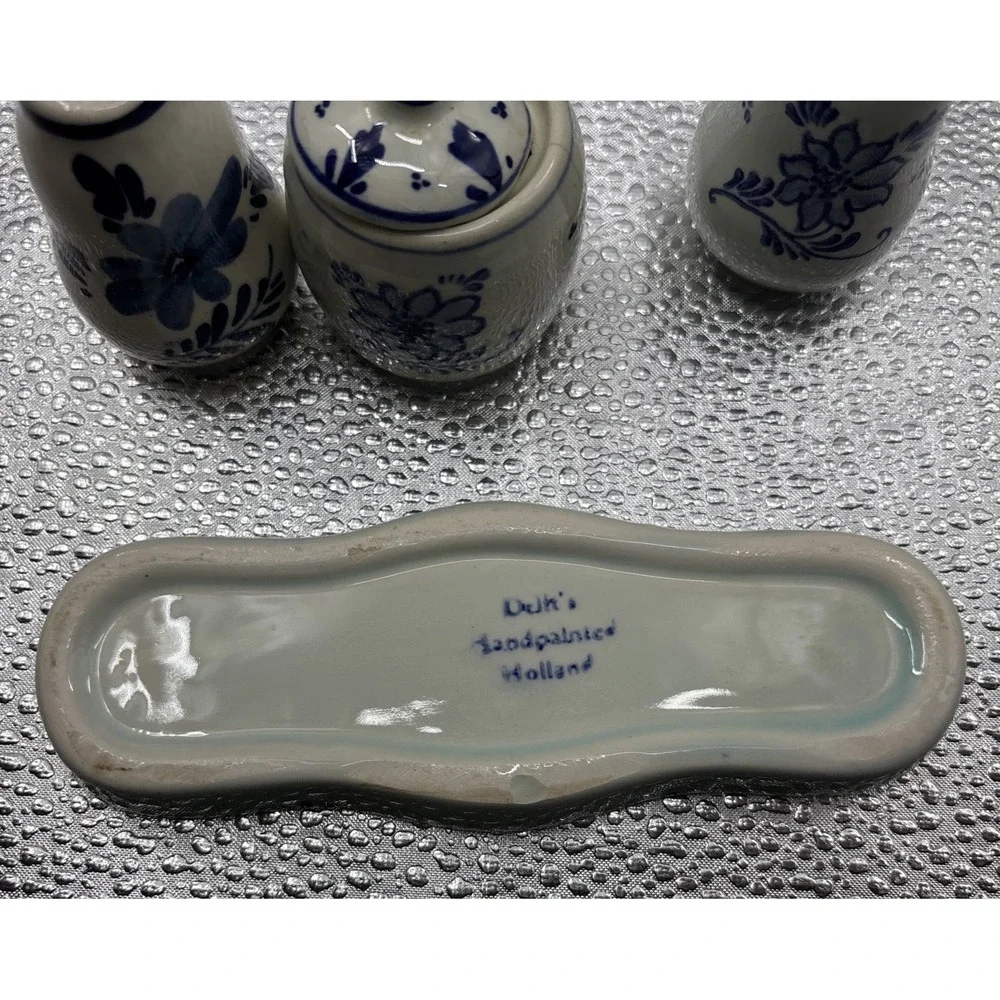 Delft Blue Netherlands Hand Painted 6‎ Piece Condiment Set Tray Wooden Spoon